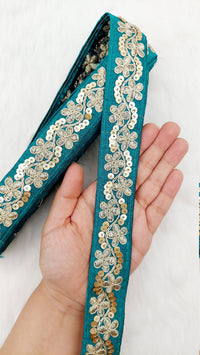 Thumbnail for Art Silk Fabric Trim With Gold Floral Embroidery, Floral Sequins Sari Border, Trim By 3 Yards