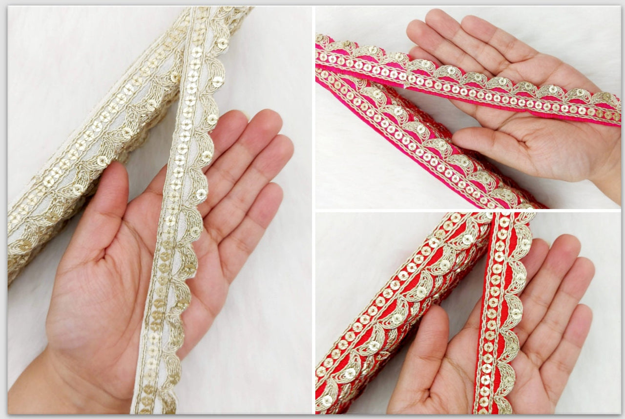 Art Silk Fabric Trim With Gold Embroidery, Scallop Sequins Sari Border, Trim By 3 Yards