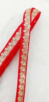 Thumbnail for Red Pink Art Silk Trim with Gold Embroidery and Gold Sequins Indian Sari Border Trim By 3 Yards Decorative Trim Craft Lace