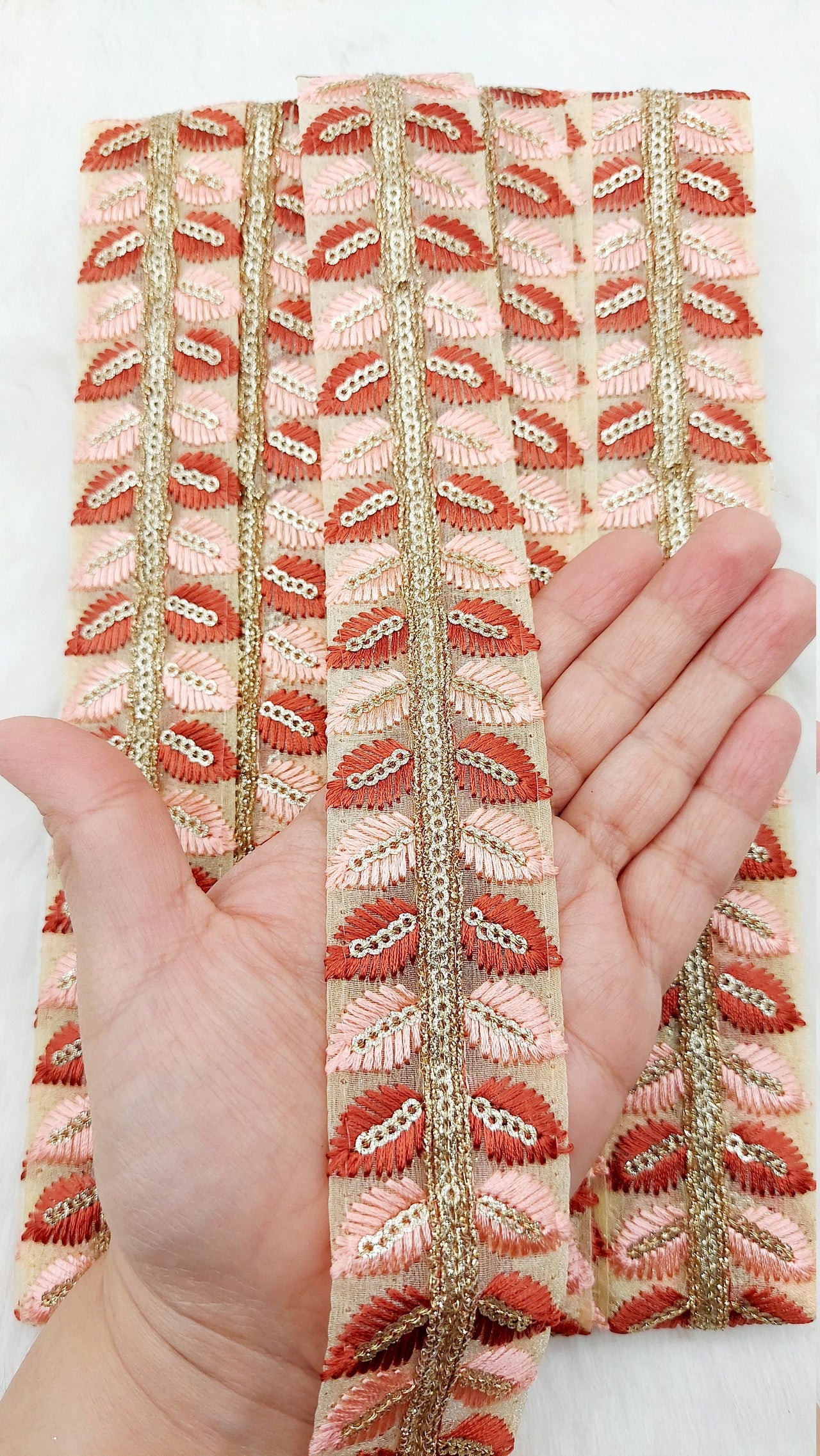9 Yards Tissue Embroidered Trim, Leaves Embroidery Decorative Trim, Indian Sari Border