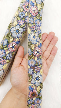 Thumbnail for 9 Yards Beige Net Lace Trim Floral Embroidered, Floral Sari Border, Decorative Trim