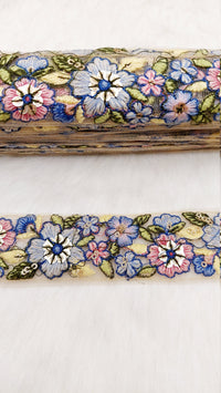 Thumbnail for 9 Yards Beige Net Lace Trim Floral Embroidered, Floral Sari Border, Decorative Trim