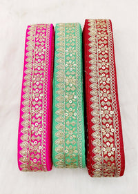 Thumbnail for Fuchsia Pink Art Silk Fabric Trim With Gold Floral Embroidery, Floral Sequins Sari Border, Trim By 9 Yards