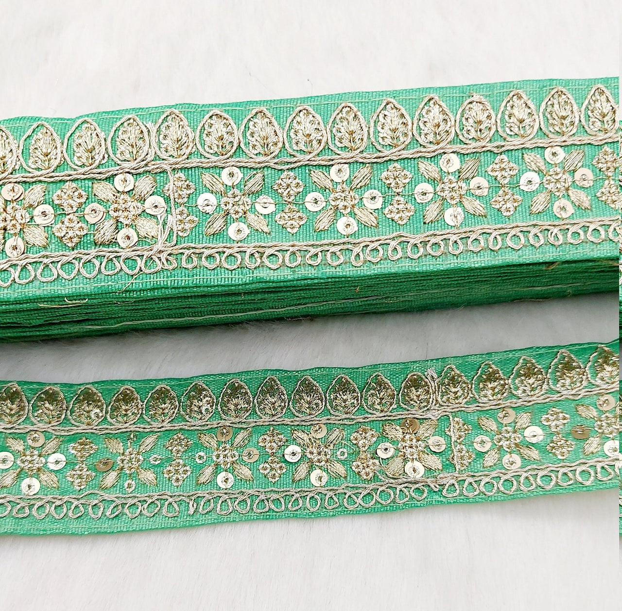 Green Art Silk Fabric Trim With Gold Floral Embroidery, Floral Sequins Sari Border, Trim By 9 Yards