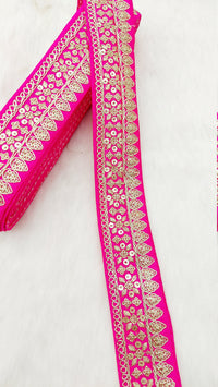 Thumbnail for Fuchsia Pink Art Silk Fabric Trim With Gold Floral Embroidery, Floral Sequins Sari Border, Trim By 9 Yards