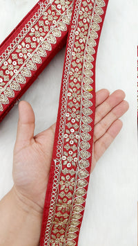 Thumbnail for Maroon Red Art Silk Fabric Trim With Gold Floral Embroidery, Floral Sequins Sari Border, Trim By 9 Yards