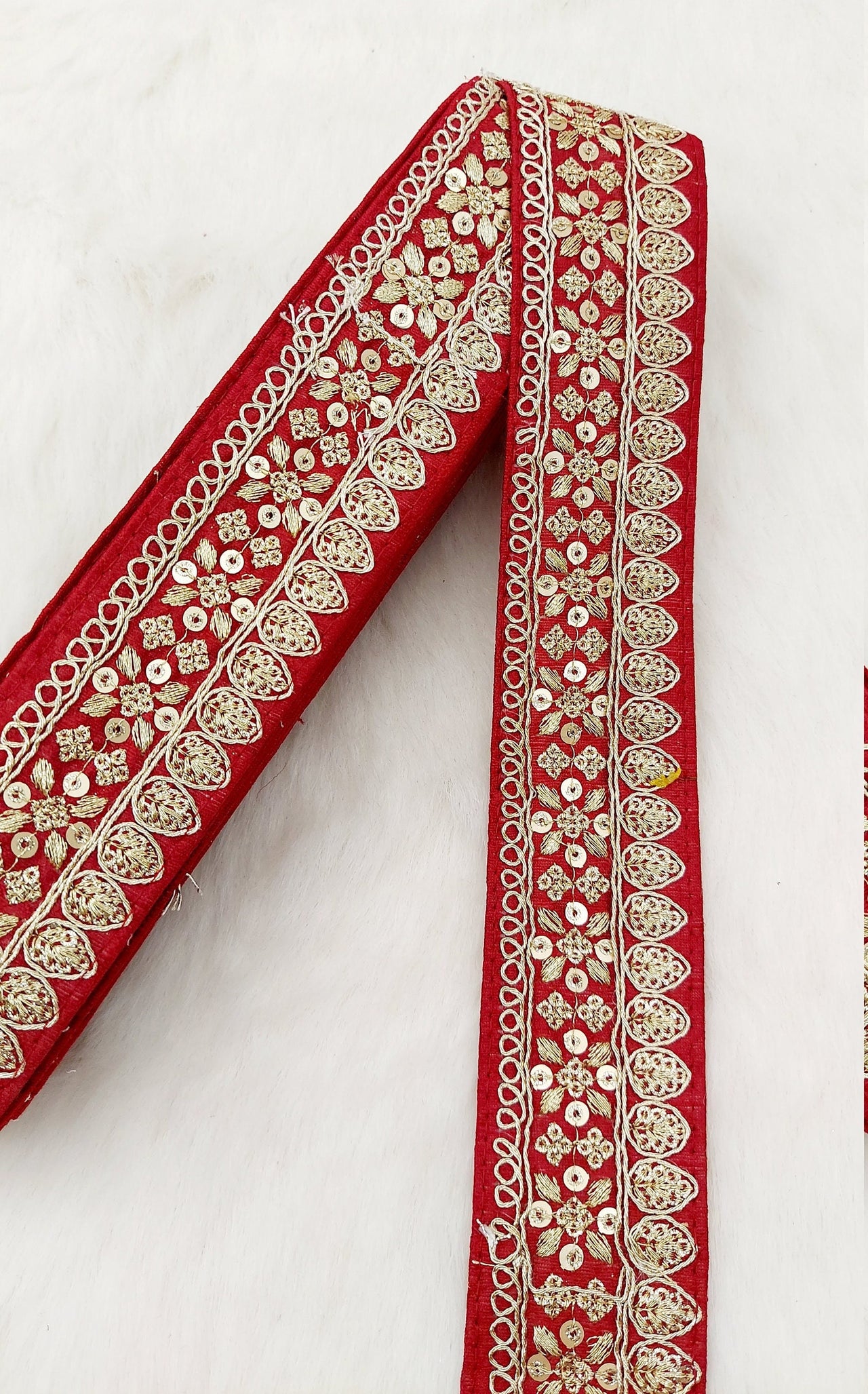 Maroon Red Art Silk Fabric Trim With Gold Floral Embroidery, Floral Sequins Sari Border, Trim By 9 Yards