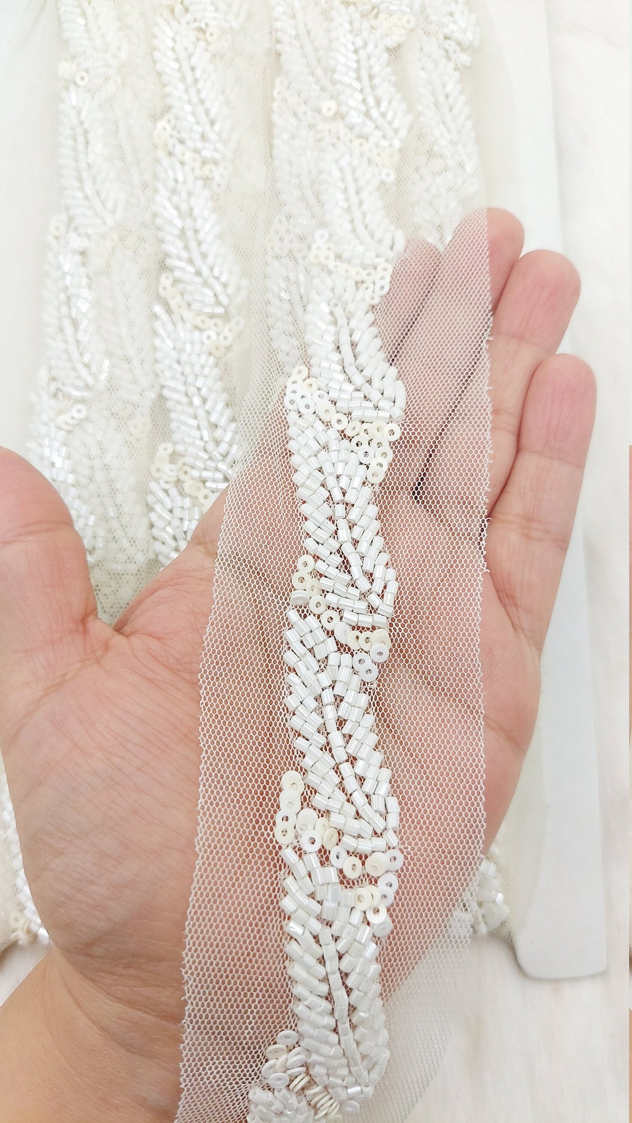 White Net Bridal Trim In White Beaded Leaf Embroidery, Hand Embroidered Bead Lace, Floral Embroidered Trim