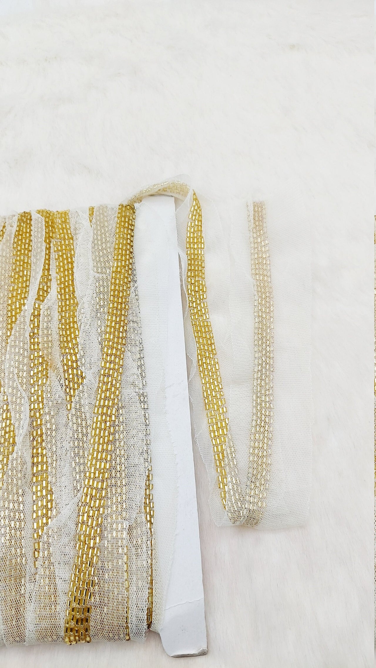 White Wedding Net Bridal Trim In Gold Beaded Embroidery, Hand Embroidered Bead Lace, Embroidered Lace