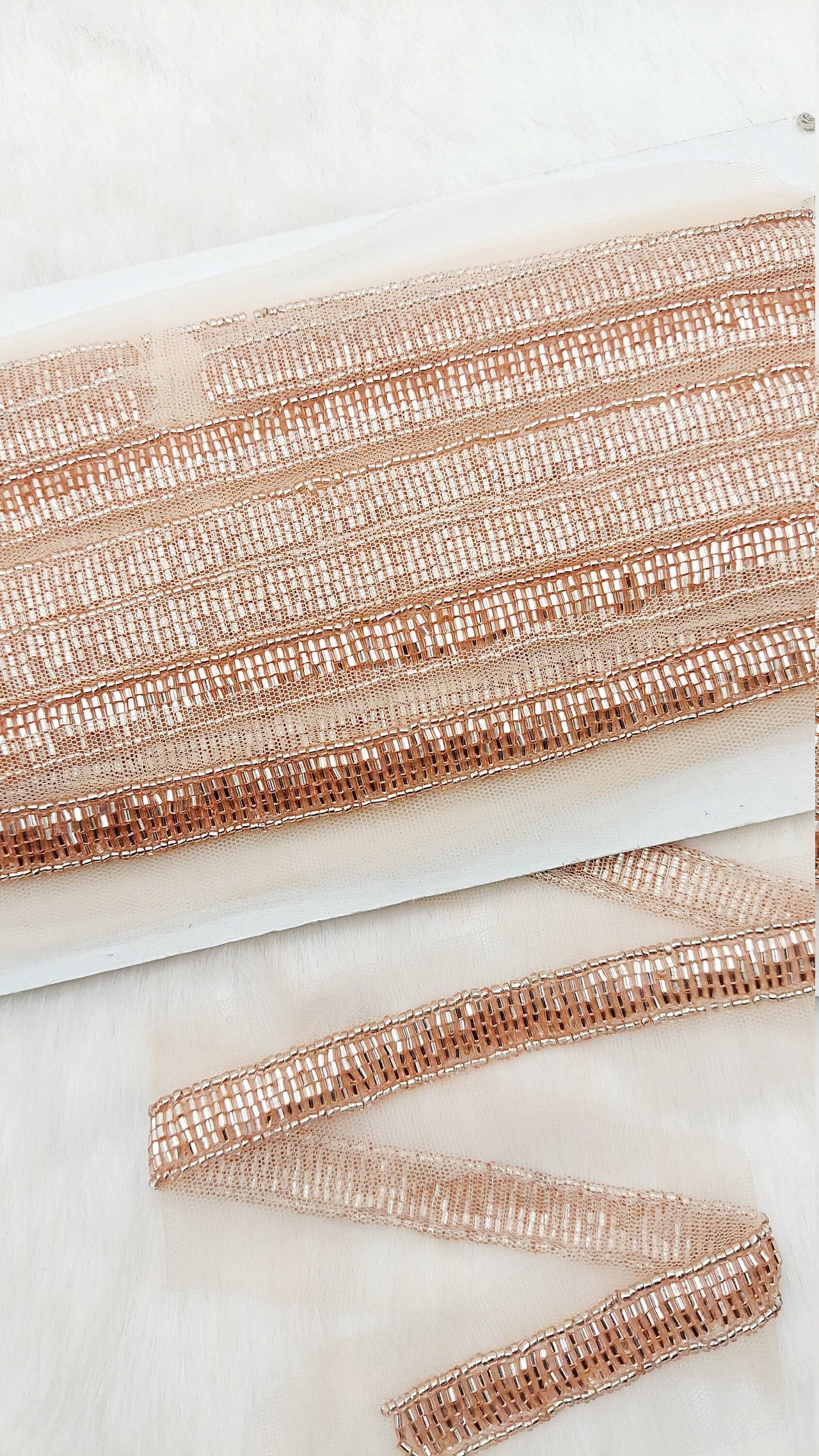 Beige Net Bridal Trim Rose Gold Beaded Embroidery, Hand Embroidered Bead Lace, Trim By 9 Yards