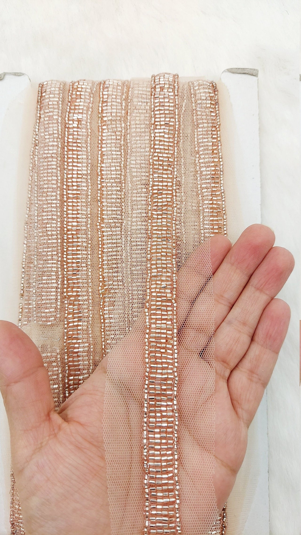 Beige Net Bridal Trim Rose Gold Beaded Embroidery, Hand Embroidered Bead Lace, Trim By 9 Yards