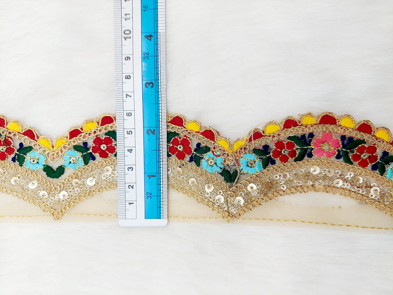 9 Yards Scallop Sequin Floral Border, Beige Shimmer Tissue Fabric Lace Trim Flowers Embroidery, Floral Sari Trimming