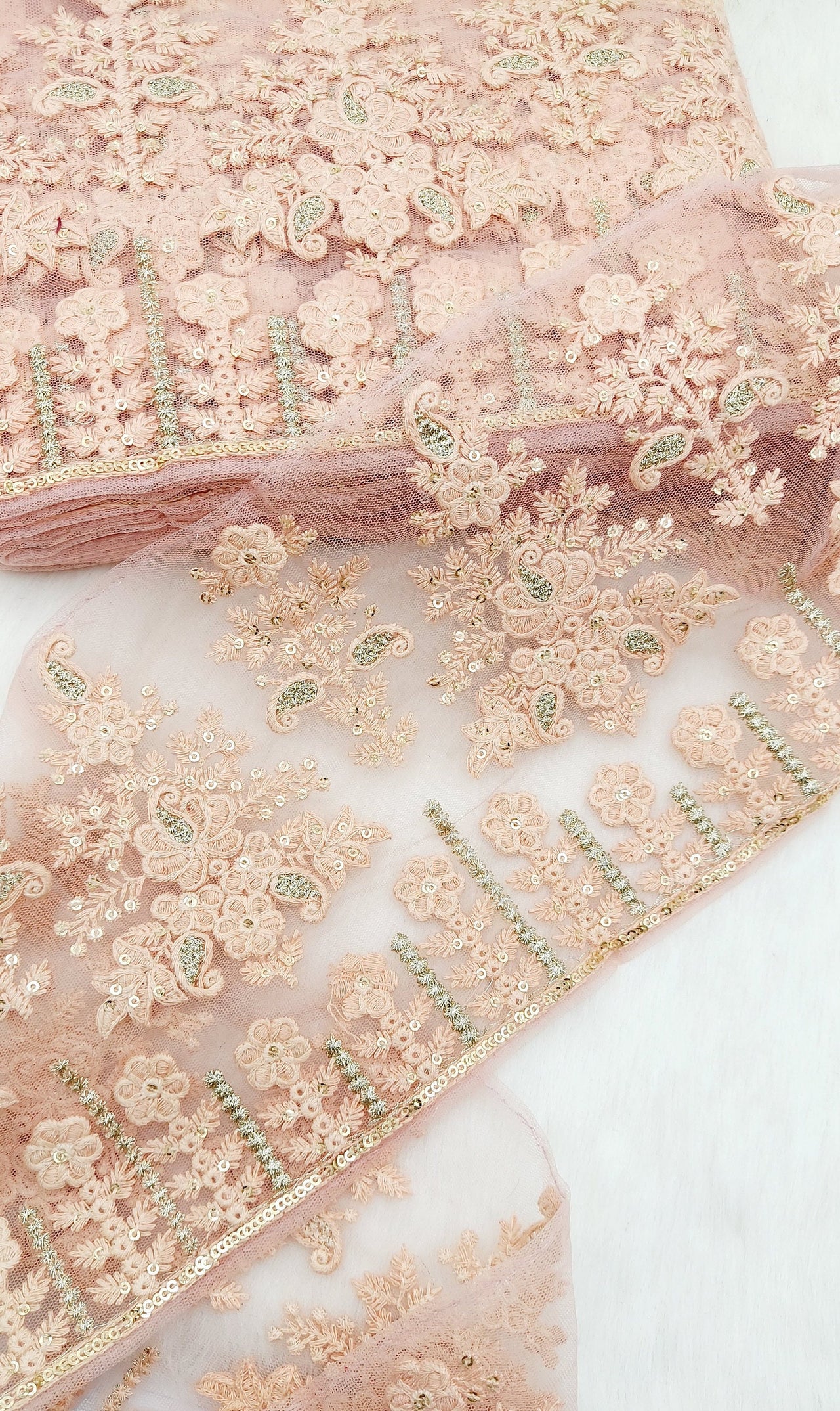 9 Yards Peach Net Lace Trim Floral Embroidery and Gold Sequins, Floral Sari Border, Decorative Trim