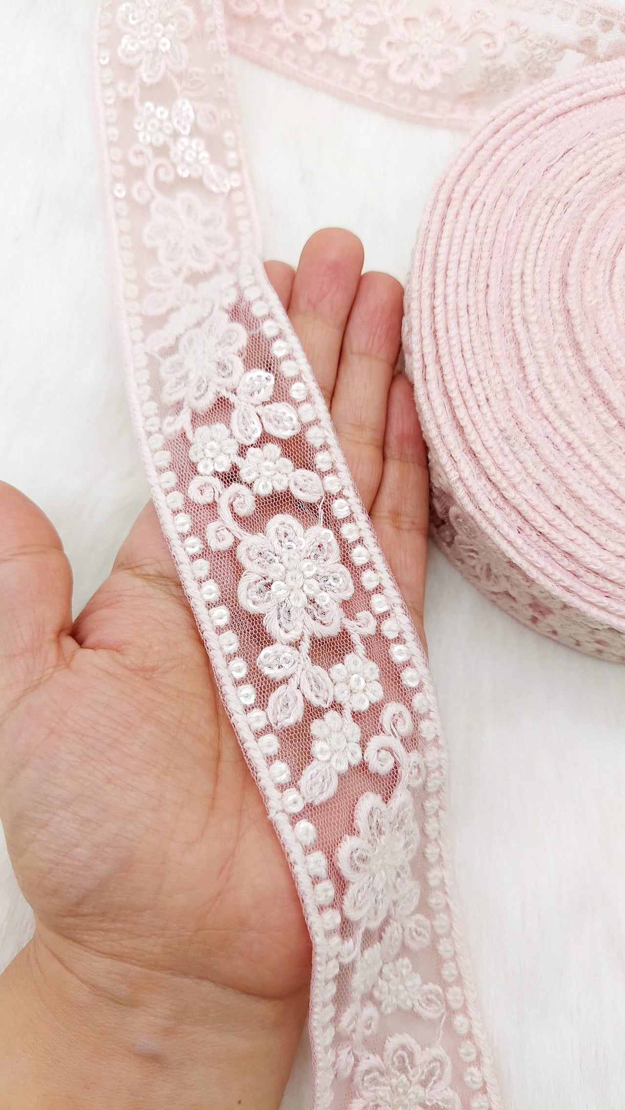 9 Yards Soft Net Lace Trim Floral Embroidery and Sequins, Floral Sari Border, Decorative Trim