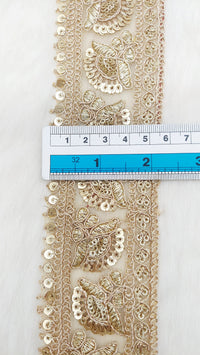 Thumbnail for Gold Sequins Trim 2 Yards Decorative Floral Embroidered Lace Sari Border Costume Ribbon Crafting Sewing Tape