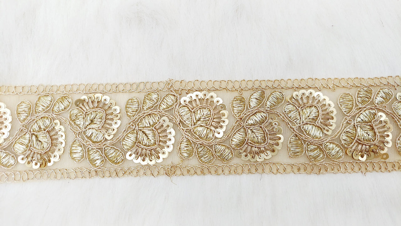 Gold Sequins Trim 2 Yards Decorative Floral Embroidered Lace Sari Border Costume Ribbon Crafting