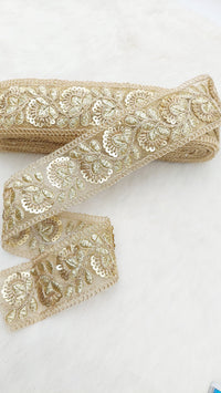 Thumbnail for Gold Sequins Trim 2 Yards Decorative Floral Embroidered Lace Sari Border Costume Ribbon Crafting