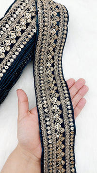Thumbnail for Velvet Fabric Floral Embroidered Sequins Trim Indian Sari Border, Sequin Trimming, Sequinned Lace