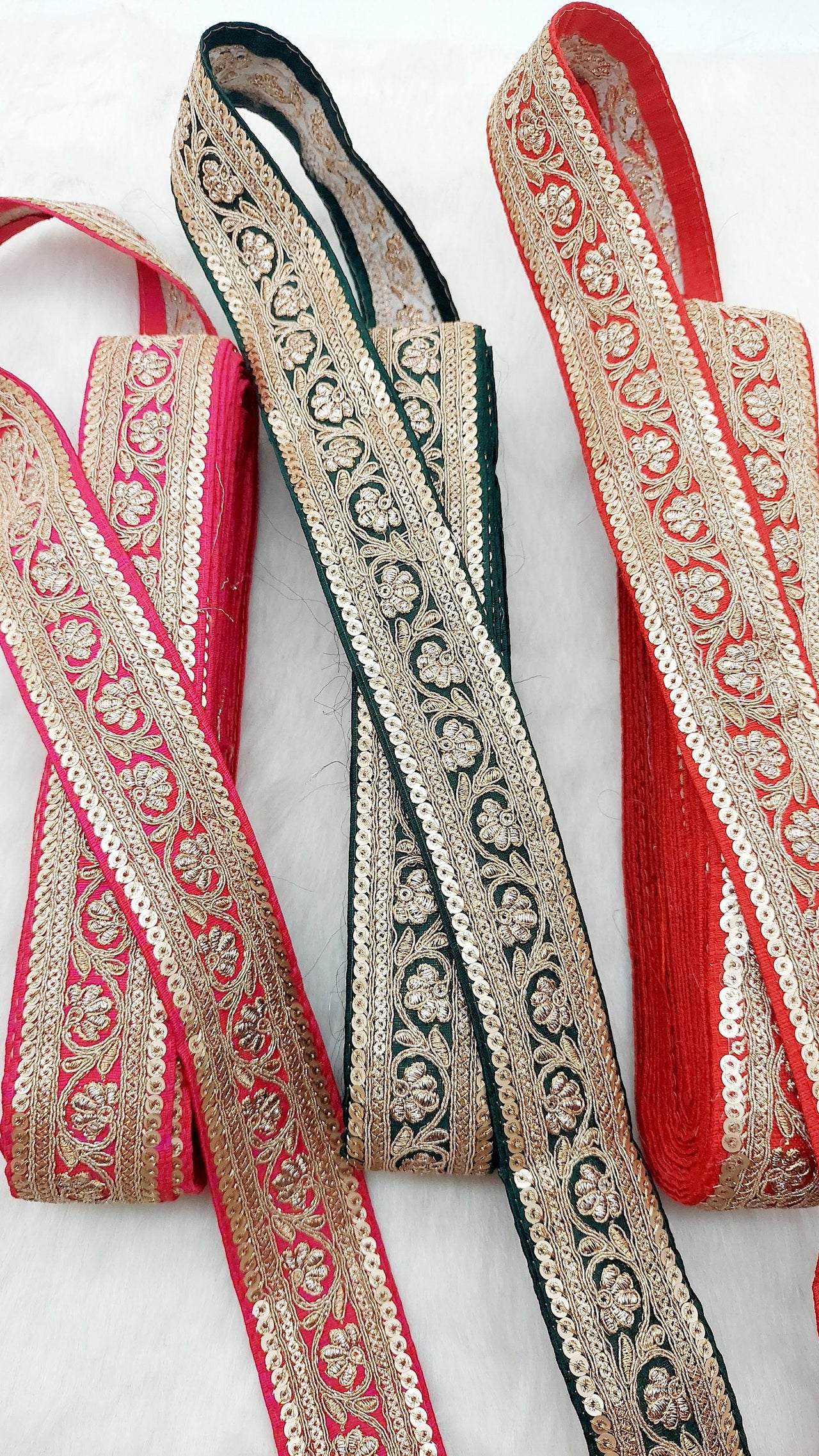 Art Silk Trim Gold Floral Embroidered Sequins Trim, Decorative Trim, Indian Sari Border