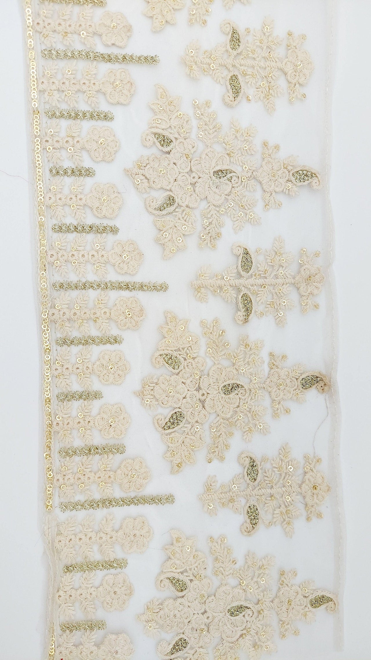 9 Yards Off White Net Lace Trim Floral Embroidery and Gold Sequins, Floral Sari Border, Decorative Trim
