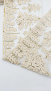 Thumbnail for 9 Yards Off White Net Lace Trim Floral Embroidery and Gold Sequins, Floral Sari Border, Decorative Trim