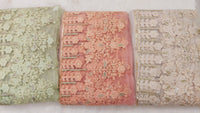 Thumbnail for 9 Yards Peach Net Lace Trim Floral Embroidery and Gold Sequins, Floral Sari Border, Decorative Trim