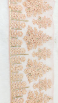 Thumbnail for 9 Yards Peach Net Lace Trim Floral Embroidery and Gold Sequins, Floral Sari Border, Decorative Trim