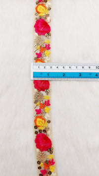 Thumbnail for 9 Yards Pink and Yellow Soft Net Lace Trim Floral Embroidery and Gold Sequins, Floral Sari Border, Decorative Trim