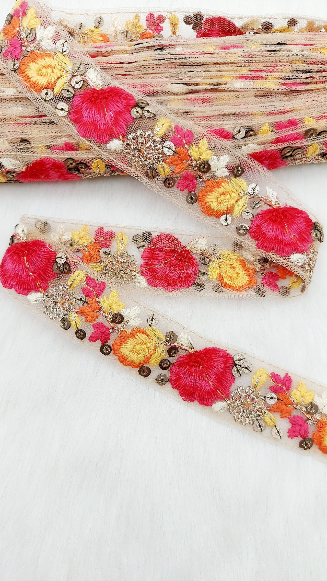 9 Yards Pink and Yellow Soft Net Lace Trim Floral Embroidery and Gold Sequins, Floral Sari Border, Decorative Trim