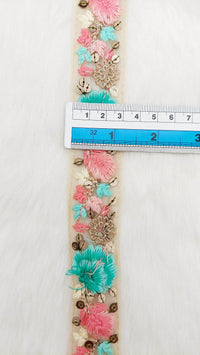 Thumbnail for 9 Yards Blue and Pink Soft Net Lace Trim Floral Embroidery and Gold Sequins, Floral Sari Border, Decorative Trim