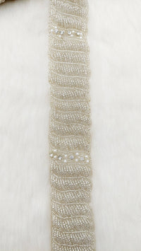 Thumbnail for White Net Fabric Wedding Lace Trim with Hand Embroidered Silver Beads, Rhinestones, Pearls