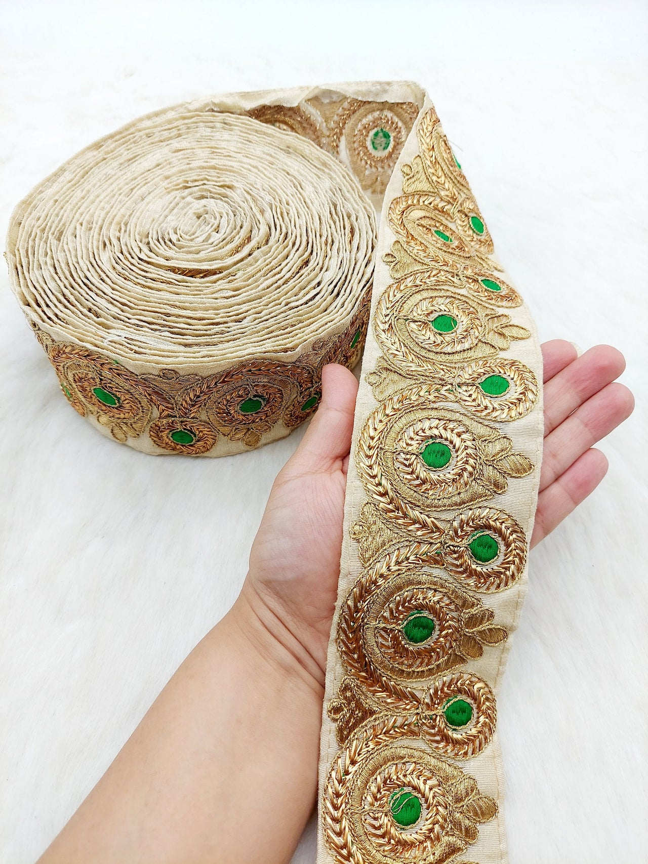Beige Silk Fabric Trim, Gold Floral Embroidery Indian Sari Border Trim By Yard Decorative Trim Craft Lace