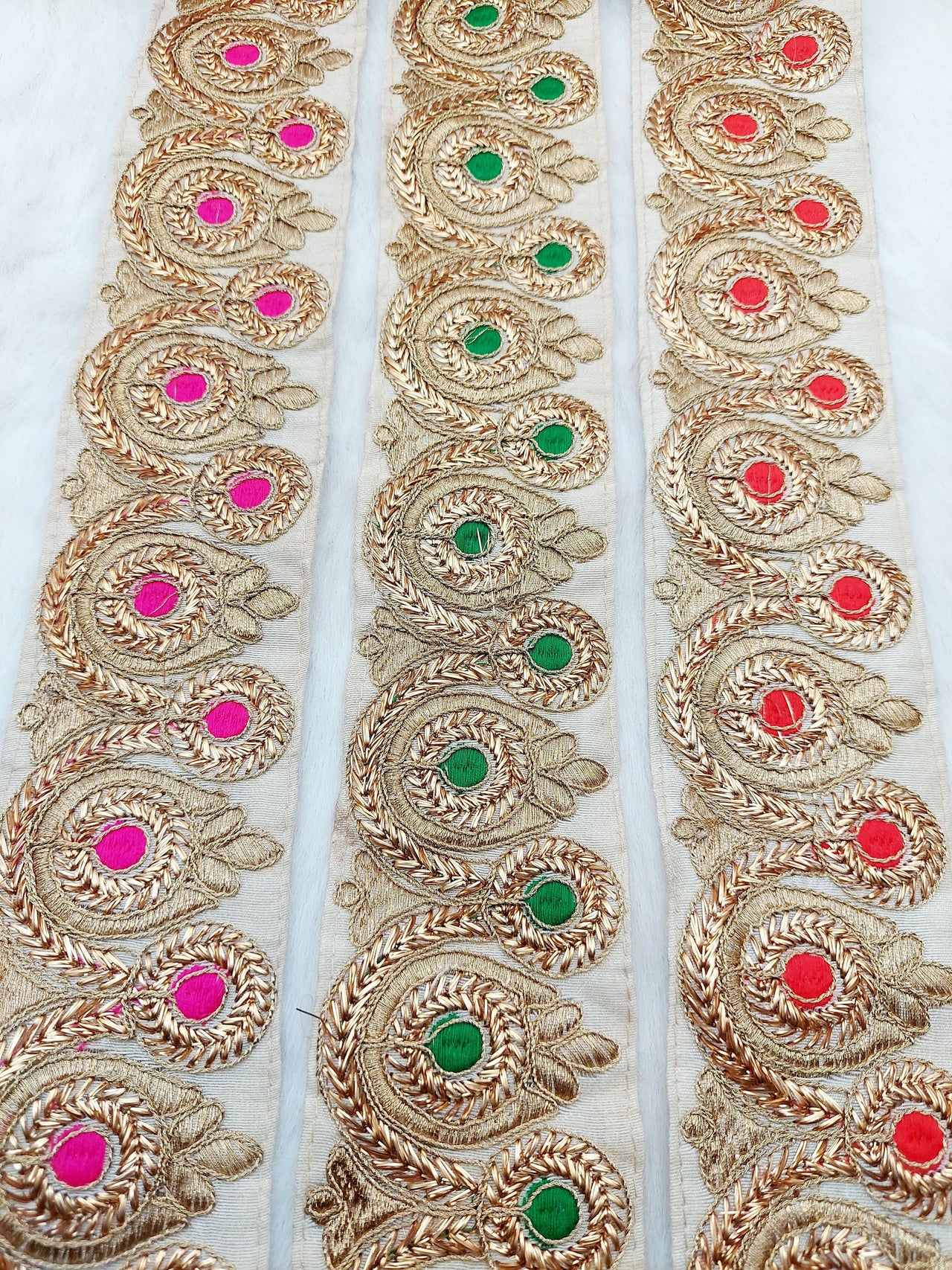 Beige Silk Fabric Trim, Gold Floral Embroidery Indian Sari Border Trim By Yard Decorative Trim Craft Lace