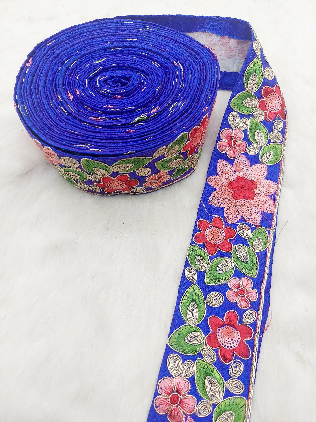 Blue Silk Fabric Embroidered Trim, Floral Embroidery Indian Sari Border Trim By Yard Decorative Trim Craft Lace, Sequins Trim