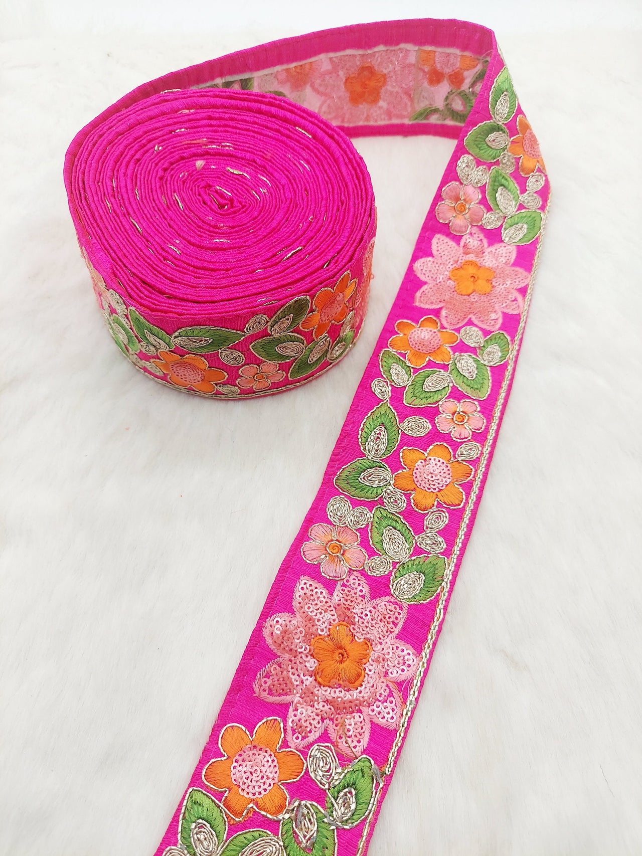 Fuchsia Pink Silk Fabric Embroidered Trim, Floral Embroidery Indian Sari Border Trim By Yard Decorative Trim Craft Lace, Sequins Trim