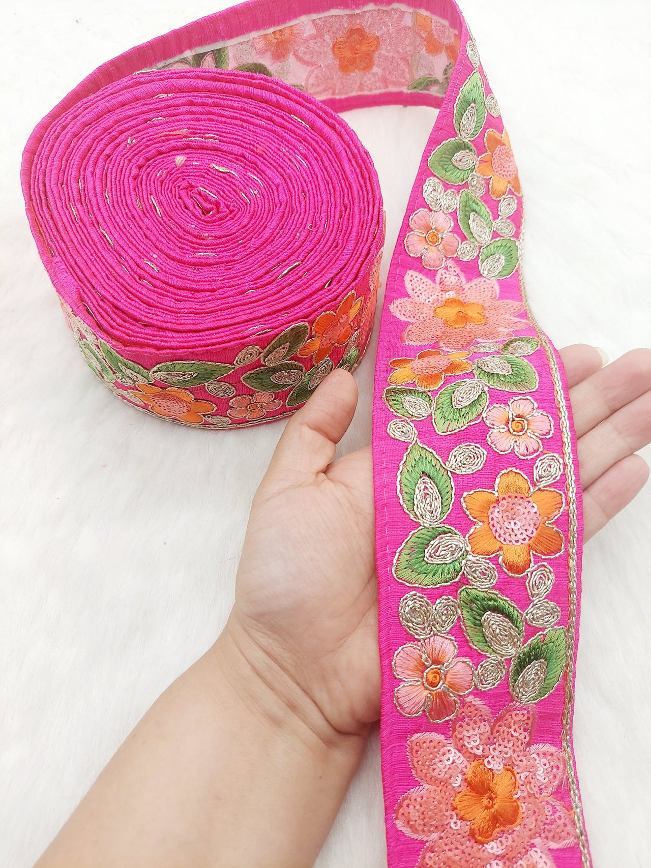 Fuchsia Pink Silk Fabric Embroidered Trim, Floral Embroidery Indian Sari Border Trim By Yard Decorative Trim Craft Lace, Sequins Trim