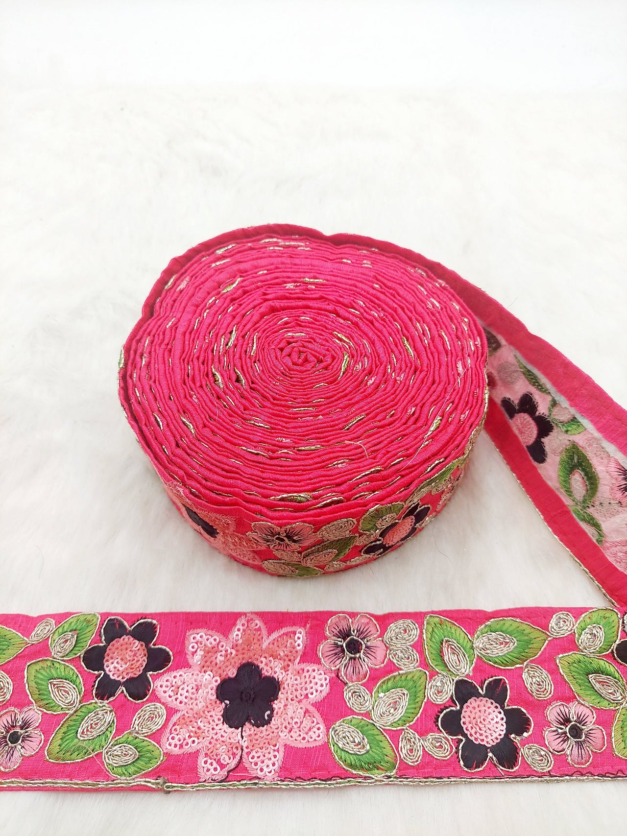 Cerise Pink Silk Fabric Embroidered Trim, Floral Embroidery Indian Sari Border Trim By Yard Decorative Trim Craft Lace, Sequins Trim