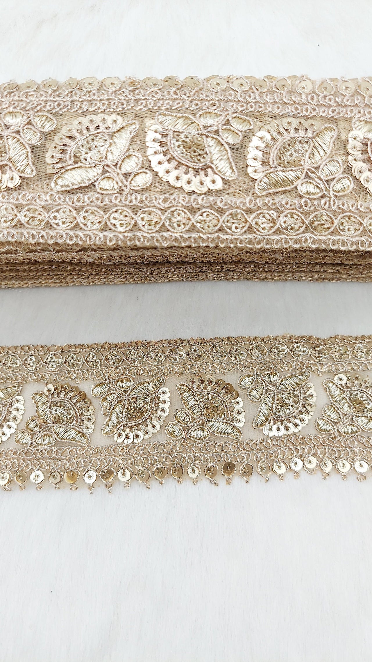 Gold Sequins Trim 2 Yards Decorative Floral Embroidered Lace Sari Border Costume Ribbon Crafting Sewing Tape