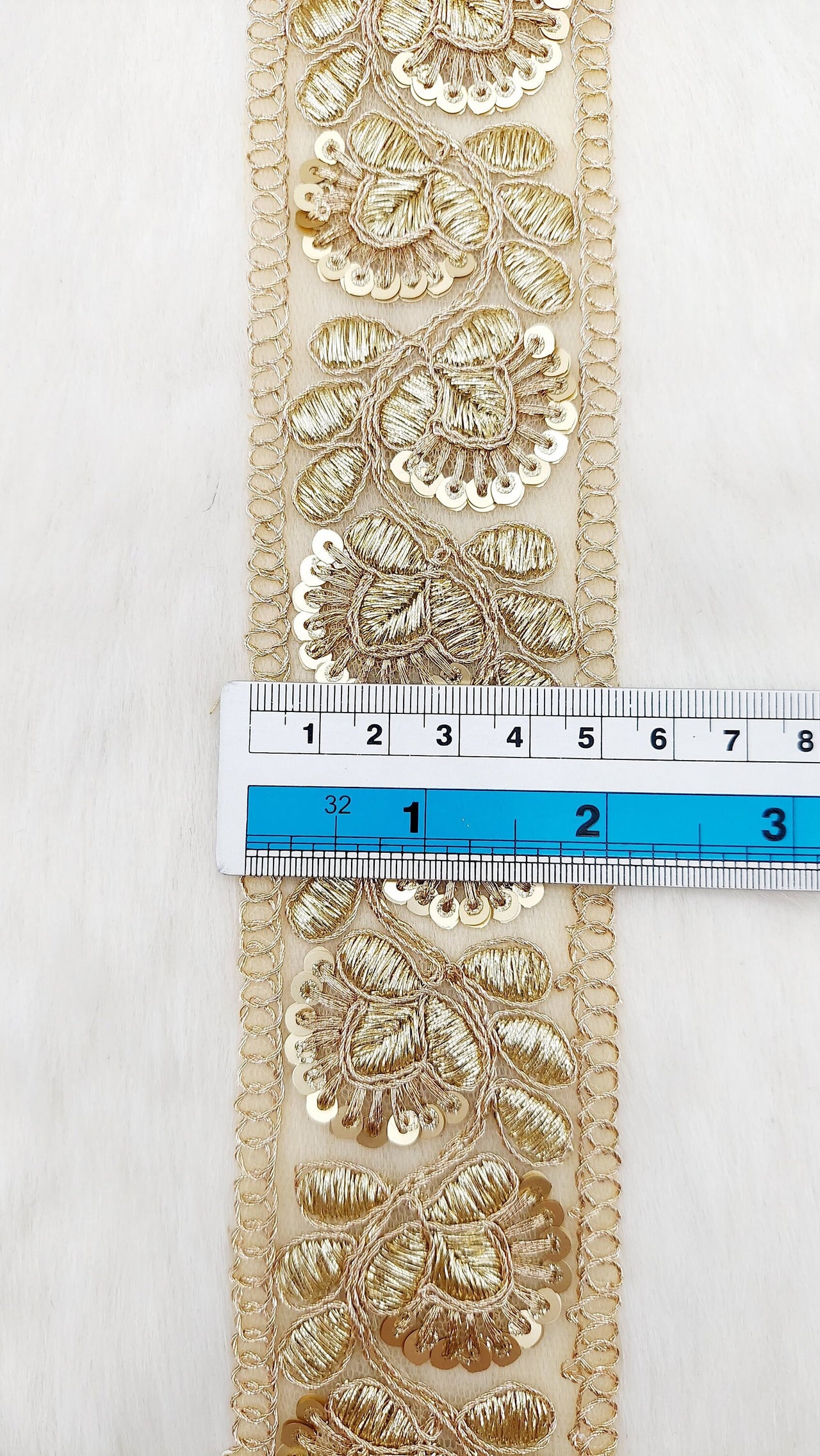 Gold Sequins Trim 2 Yards Decorative Floral Embroidered Lace Sari Border Costume Ribbon Crafting