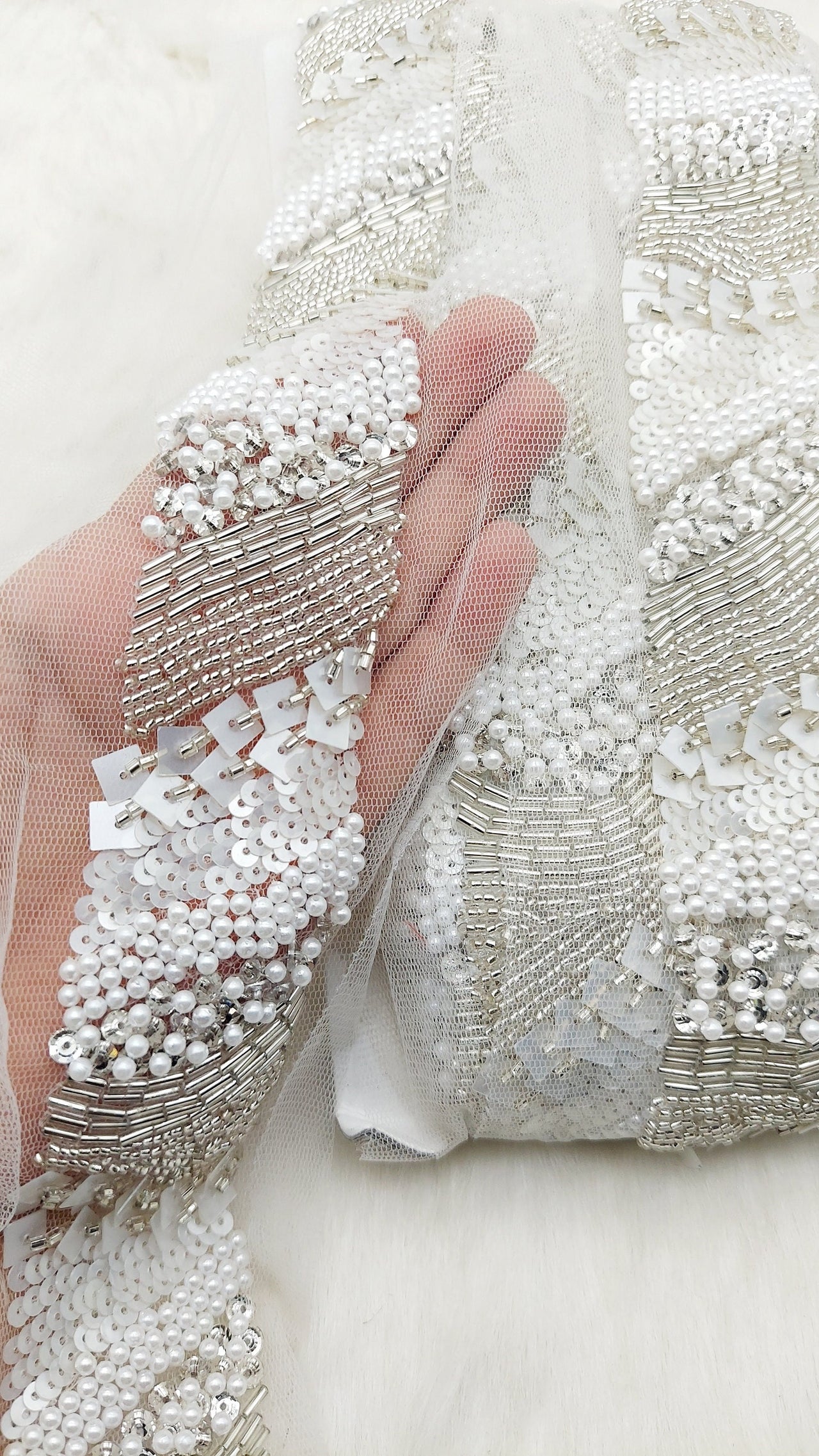 Hand Embroidered White Net Lace With White Sequins and Beads and Pearls, Exclusive Laces, Sequinned Trimming