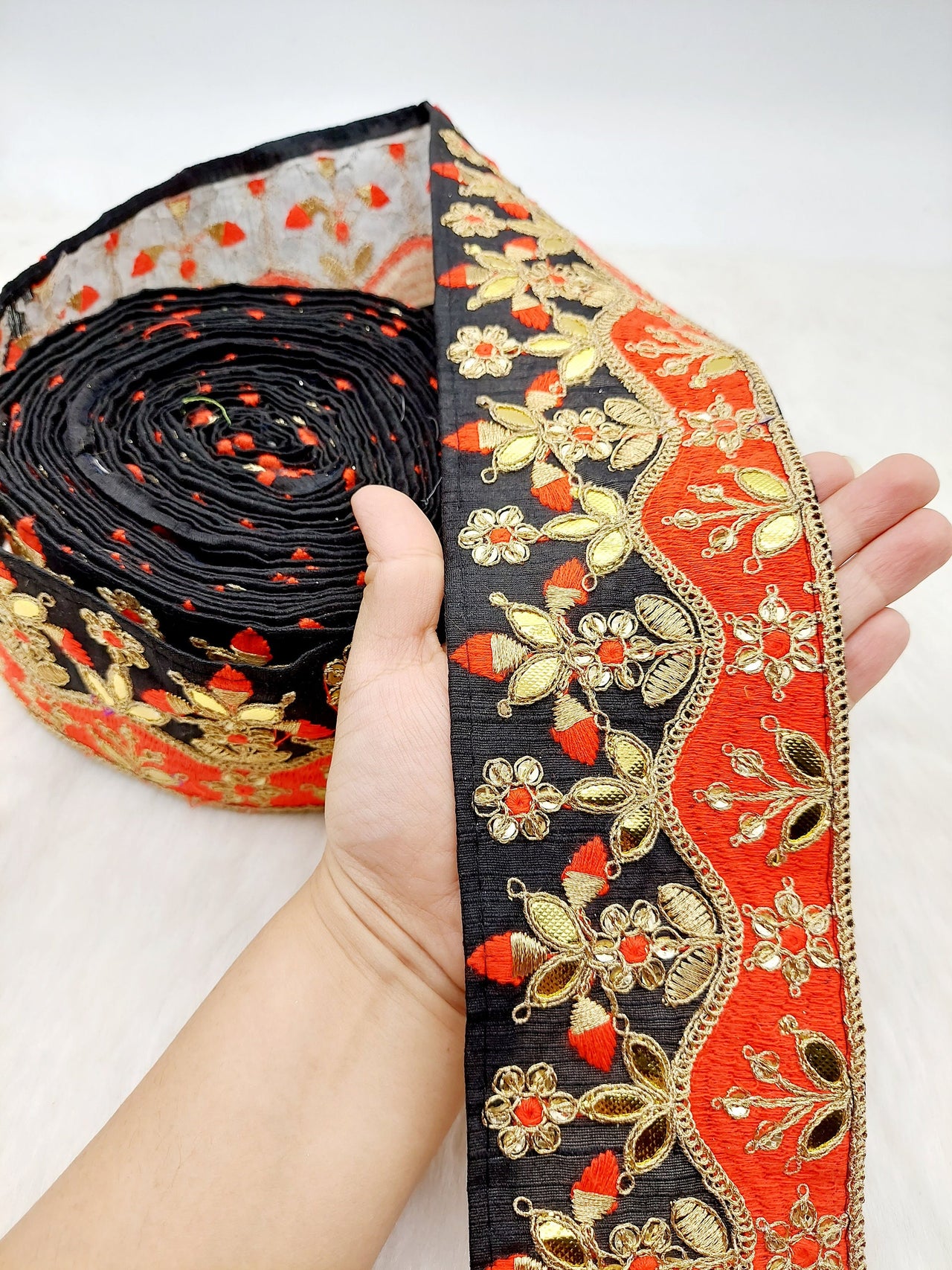 Silk Fabric Trim, Floral Embroidery Gold Gota Patti Indian Sari Border Trim By Yard Decorative Trim Craft Lace