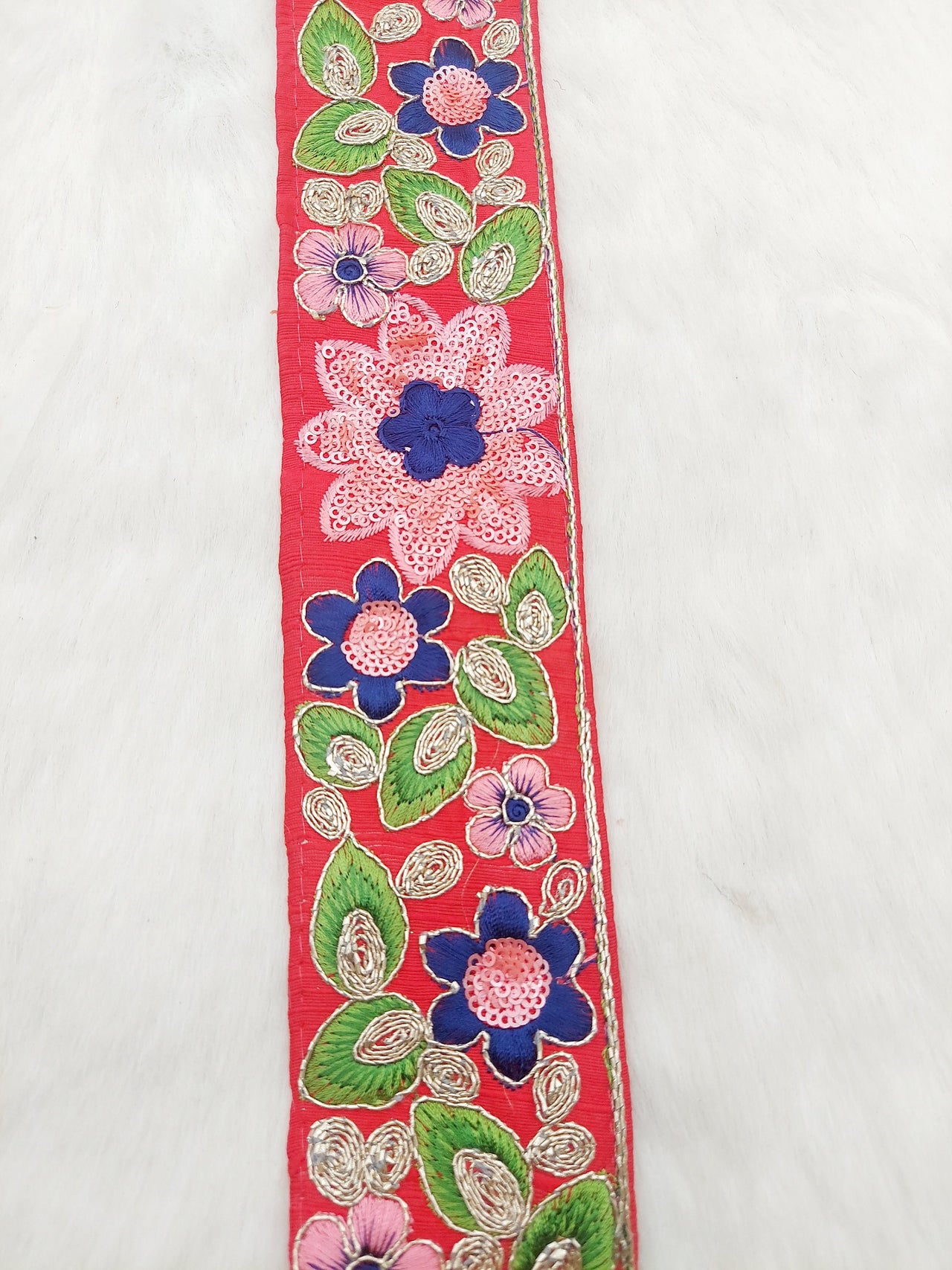 Red Silk Fabric Embroidered Trim, Floral Embroidery Indian Sari Border Trim By Yard Decorative Trim Craft Lace, Sequins Trim