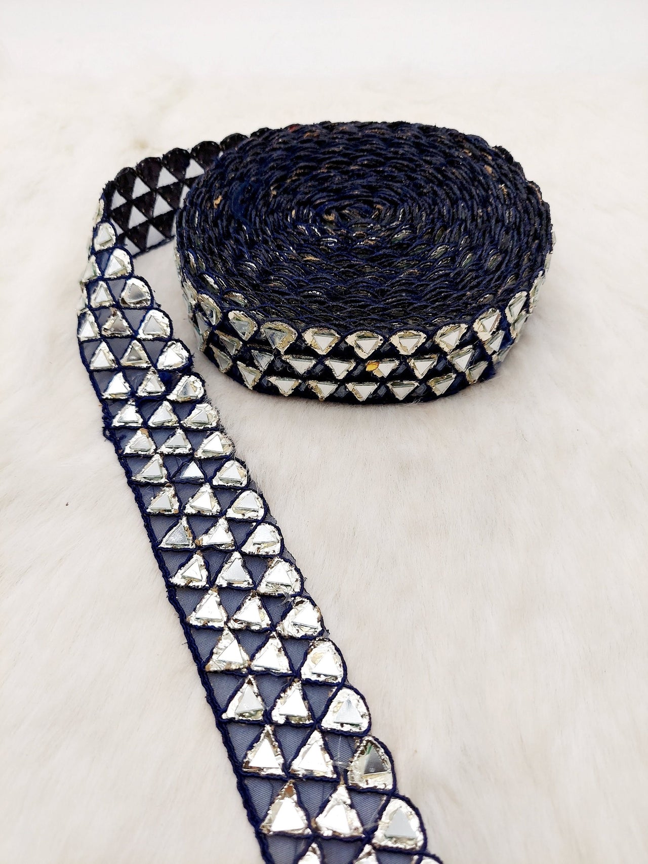Navy Blue Lace Trim with Silver Gota (Indian Foil Work) and Real Mirror, Decorative Trim Costume Trim Fashion Trim By Yard