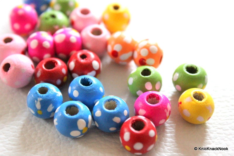 20 x Multicolor Wood Beads with Handpainted Flowers 10mmx9mm