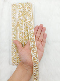 Thumbnail for Wholesale Beige Net Lace Trim Floral Embroidery & Glitter Gold Sequins, Indian Wedding Border, Gifting Ribbon Costume Trim Fashion Trimming
