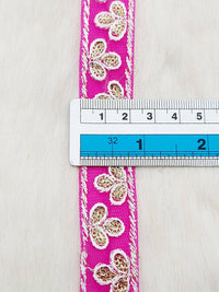 Thumbnail for Wholesale Fuchsia Net Lace Floral Embroidery & Glitter Gold Sequins, Indian Wedding Border, Gifting Ribbon Costume Trim Fashion Trimming