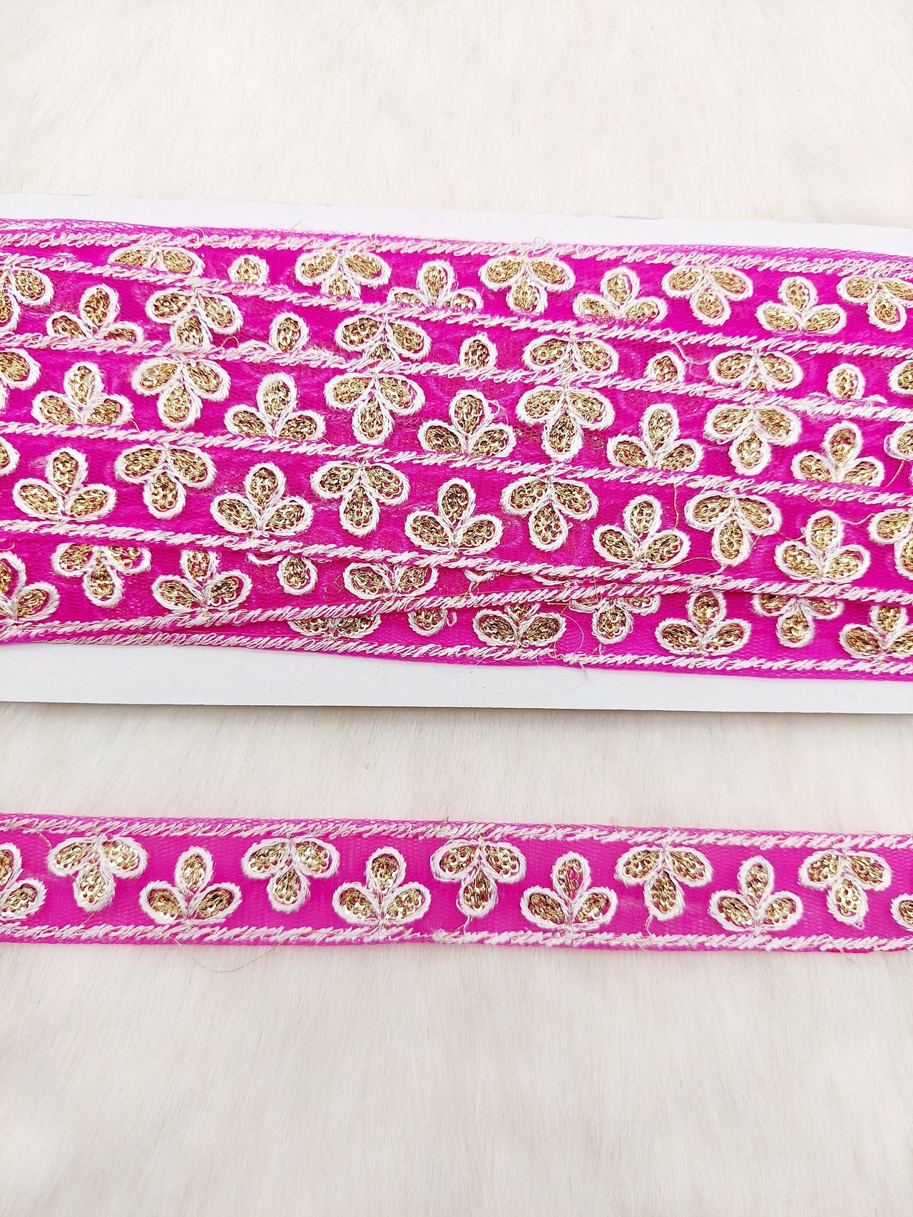 Wholesale Fuchsia Net Lace Floral Embroidery & Glitter Gold Sequins, Indian Wedding Border, Gifting Ribbon Costume Trim Fashion Trimming