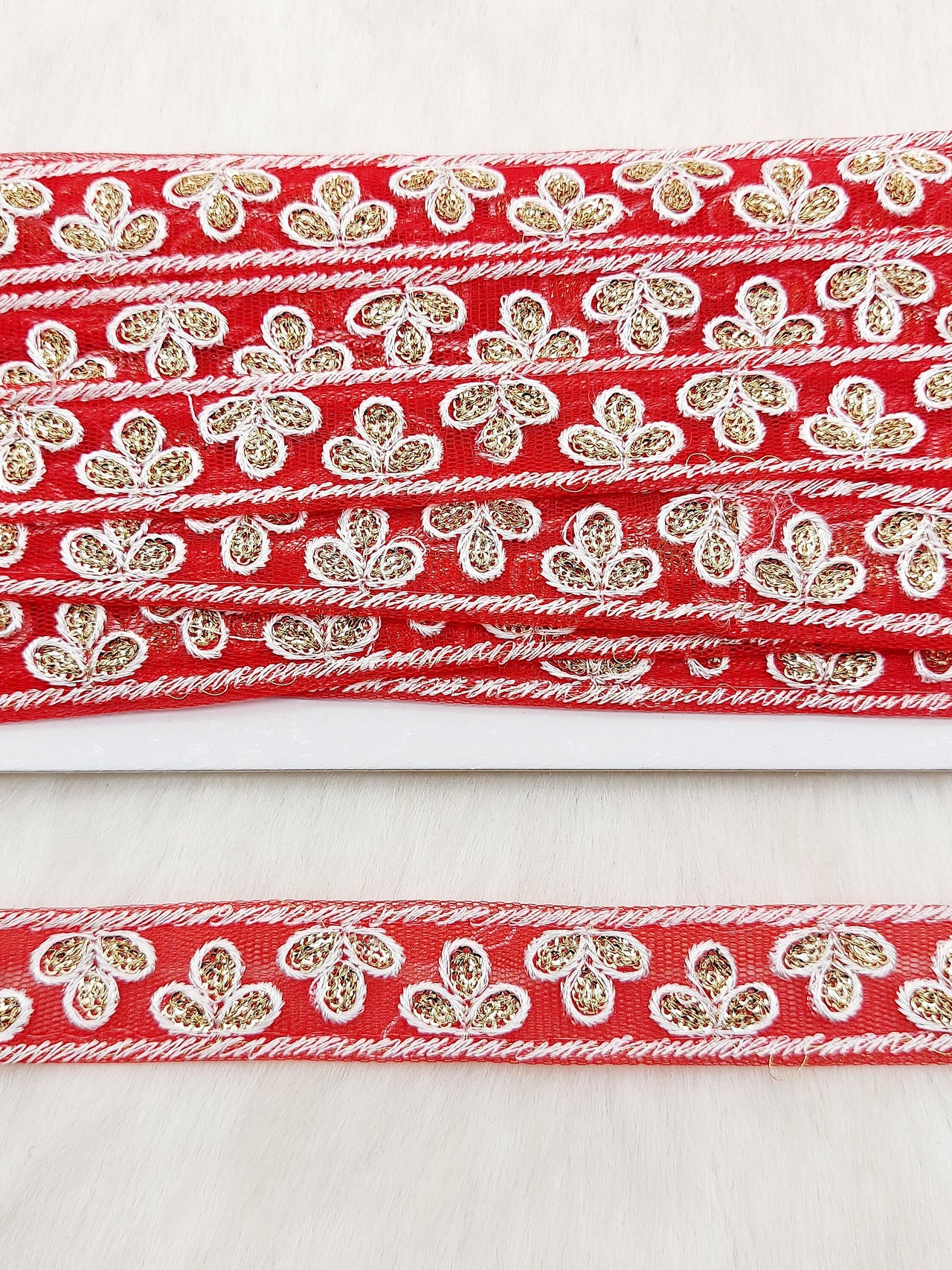 Wholesale Red Net Lace Floral Embroidery & Glitter Gold Sequins, Indian Wedding Border, Gifting Ribbon Costume Trim Fashion Trimming
