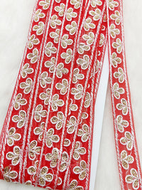Thumbnail for Wholesale Red Net Lace Floral Embroidery & Glitter Gold Sequins, Indian Wedding Border, Gifting Ribbon Costume Trim Fashion Trimming