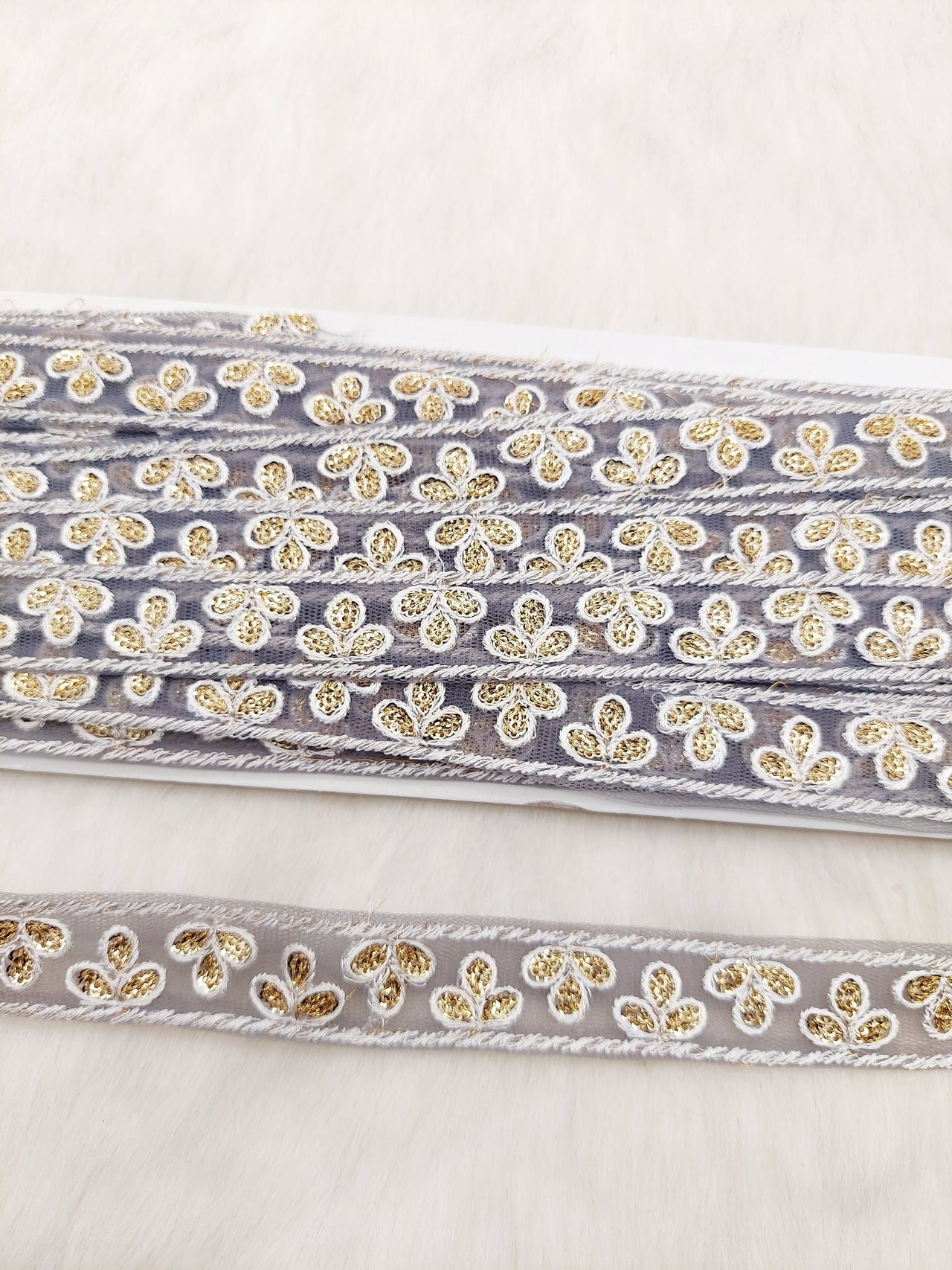 Wholesale Grey Net Lace Floral Embroidery & Glitter Gold Sequins, Indian Wedding Border, Gifting Ribbon Costume Trim Fashion Trimming